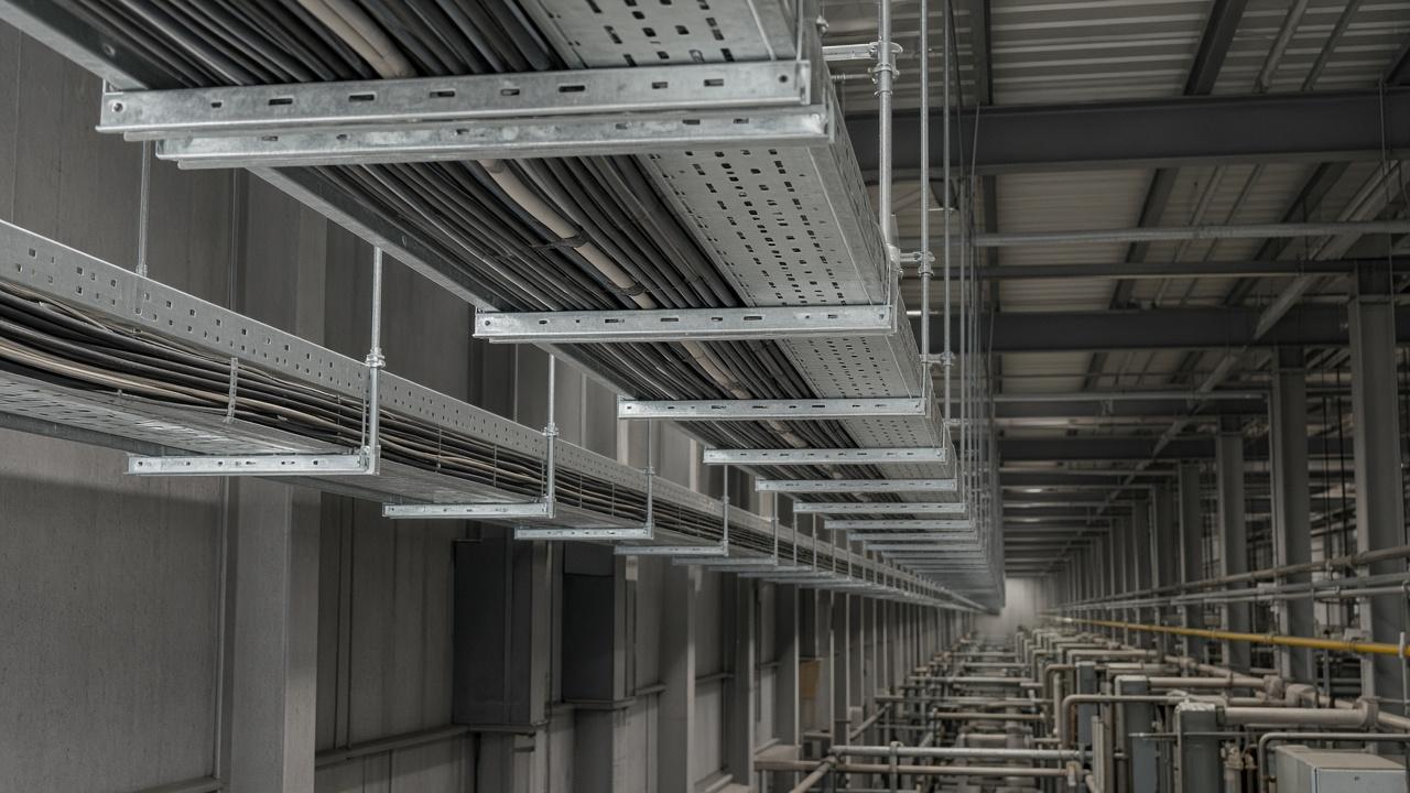 Cable trays installed in an industrial plant corridor