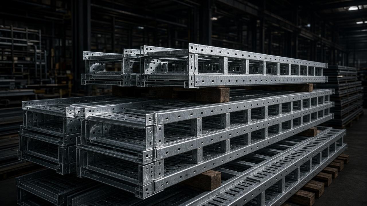 Stacked galvanized cable trays in an industrial supply warehouse