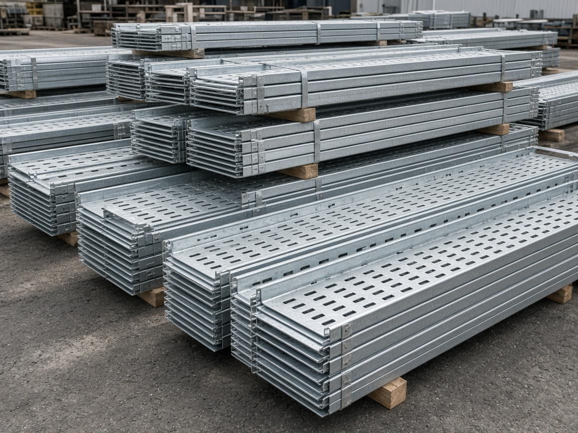 Bulk stacked cable trays ready for dispatch